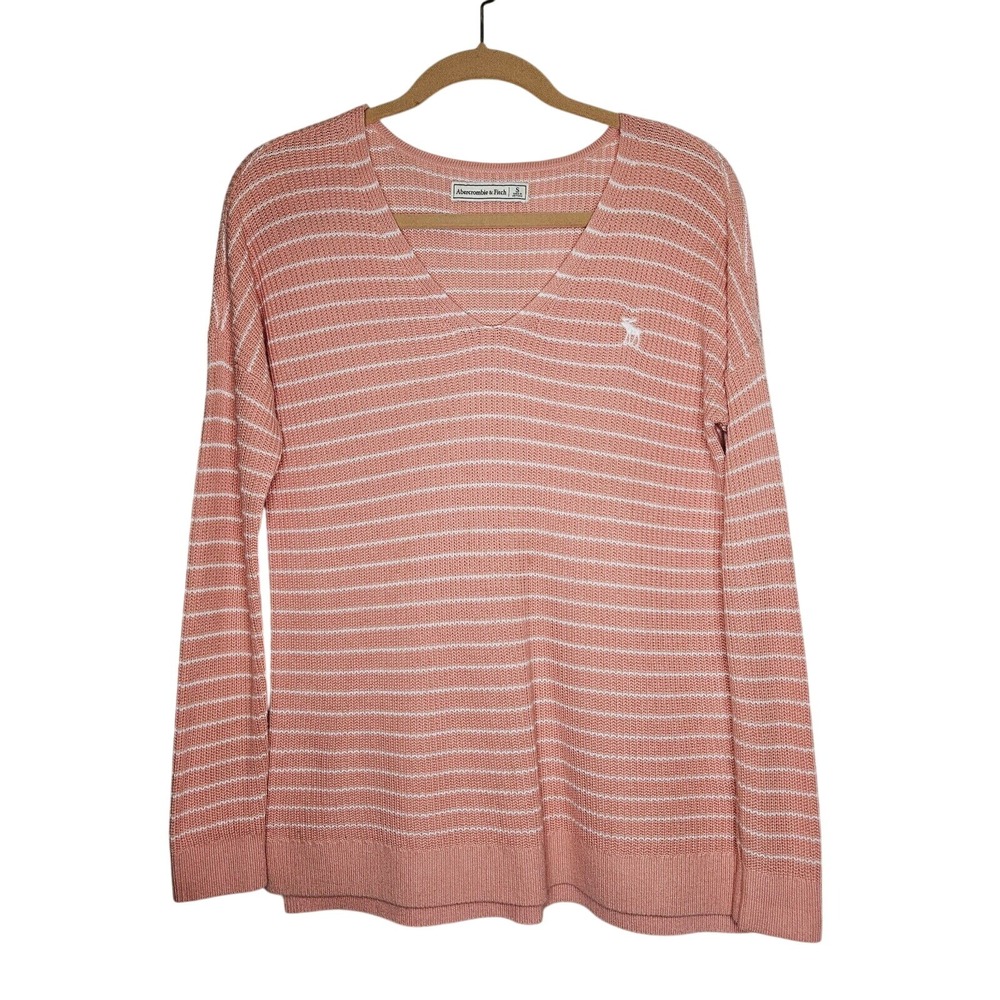 Abercrombie & Fitch Y2K Womens Pink & White Knit Striped V-Neck Sweater Size S